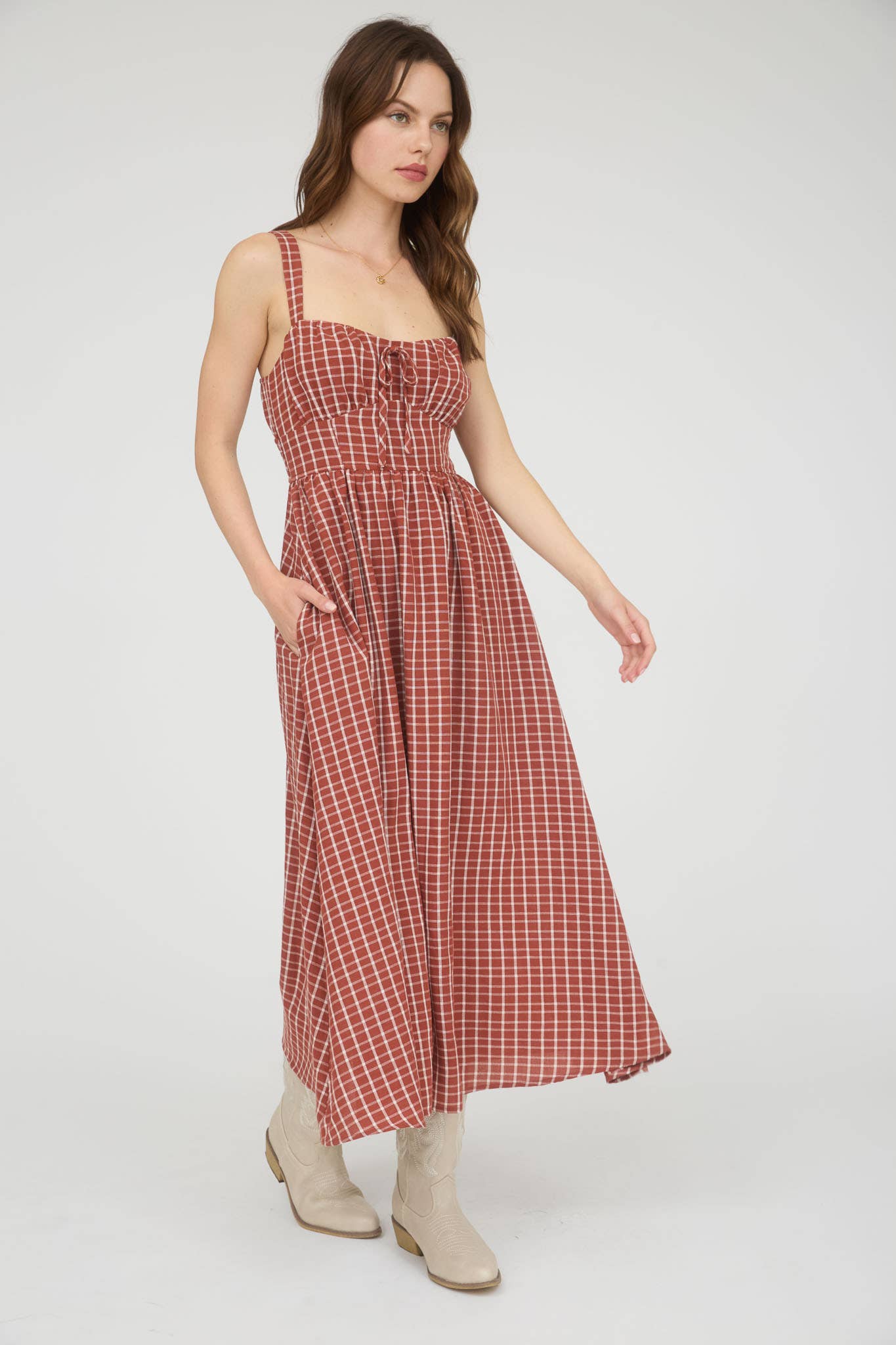 PLAID CORSET FRONT TIE SLEEVELESS MIDI DRESS