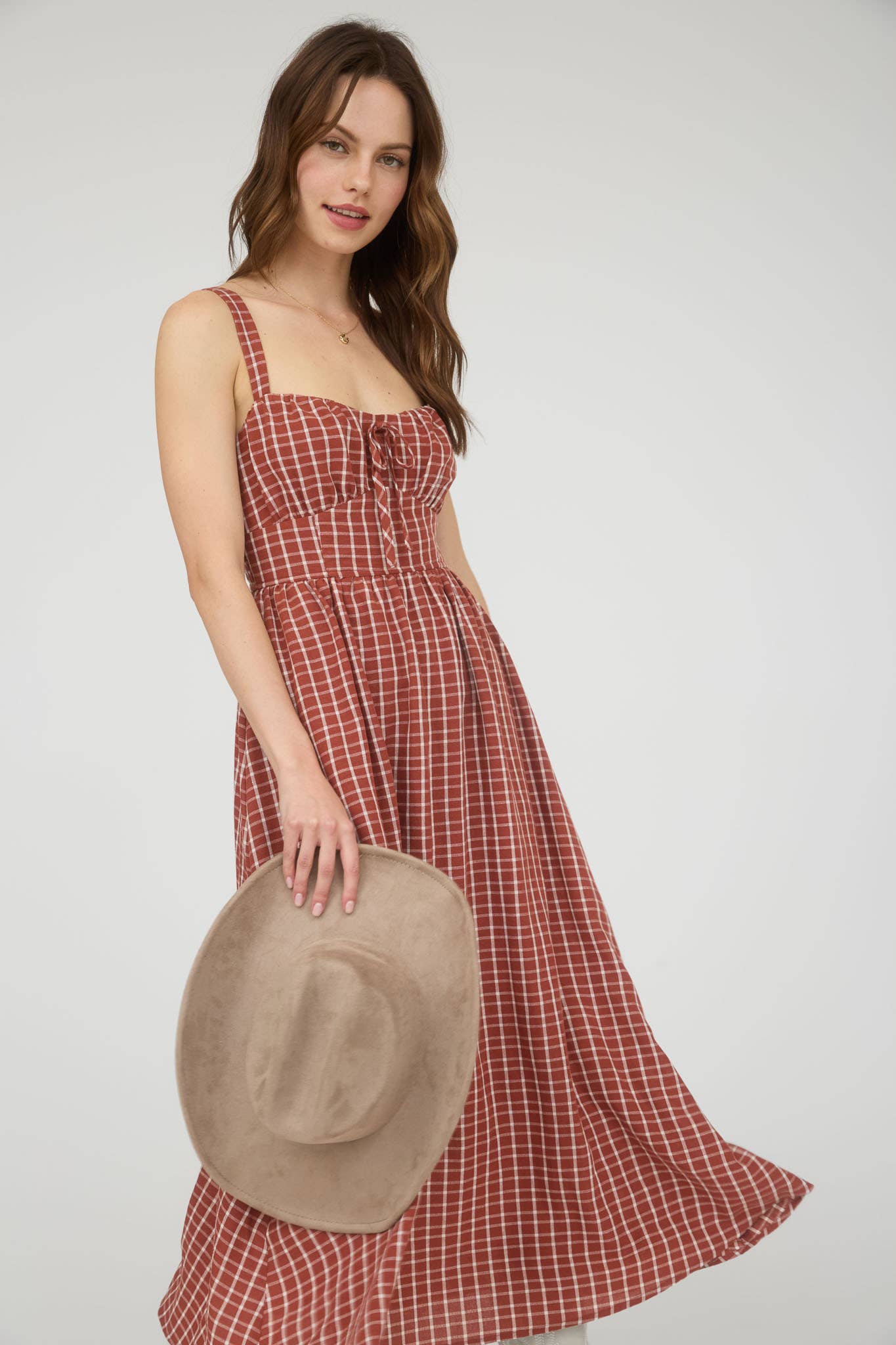 PLAID CORSET FRONT TIE SLEEVELESS MIDI DRESS