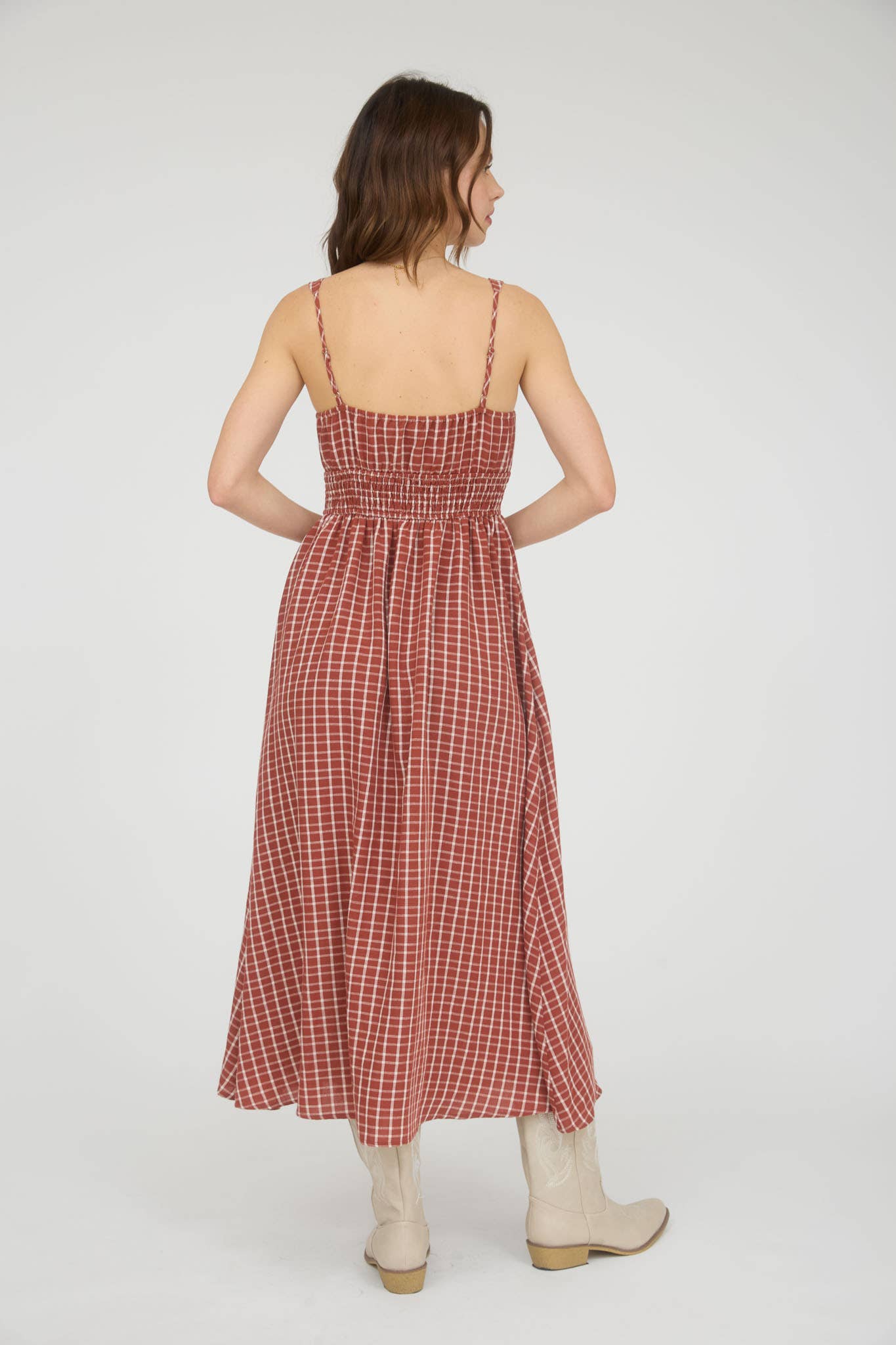 PLAID CORSET FRONT TIE SLEEVELESS MIDI DRESS